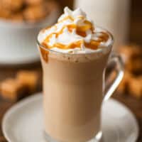Caramel latte in a glass cup.