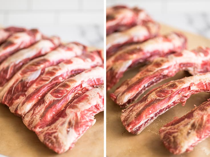 Collage photo of a rack of beef ribs whole and cut apart.