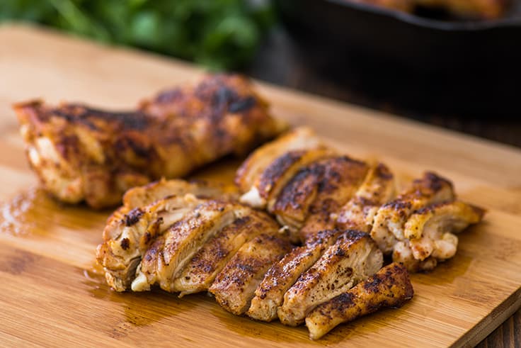 Sliced chicken thighs for chicken fajita sandwiches.