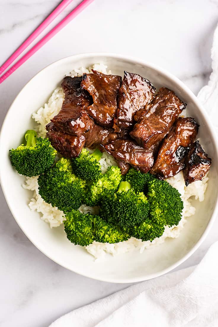 Overhead photo of Beef Teriyaki in a bowl with rice.