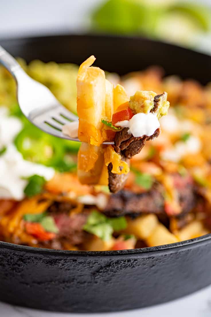 Carne asada fries on a fork.