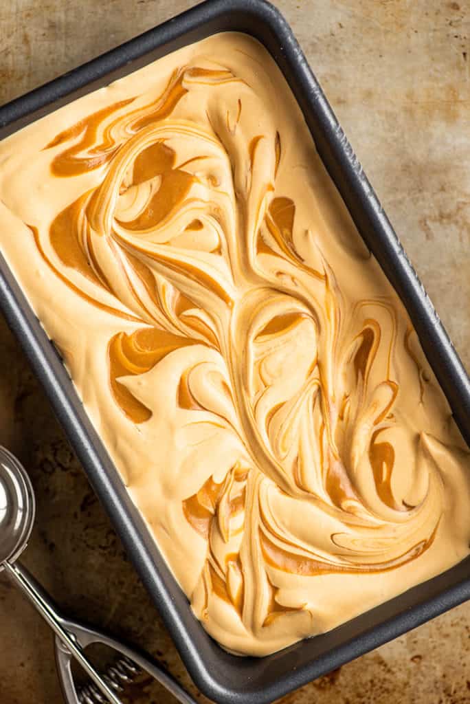Overhead shot of Dulce de Leche Ice Cream in a loaf pan.