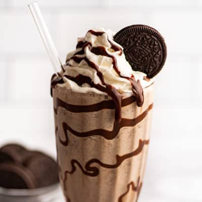 Bailey's cookies and cream shake with whipped cream and fudge sauce.
