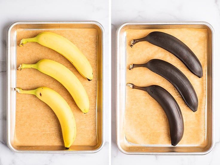 Collage of bananas before and after baking to ripen them.