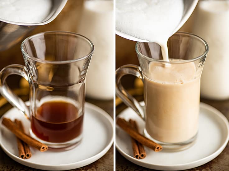 Collage photo of frothed milk being poured into a chai tea latte.