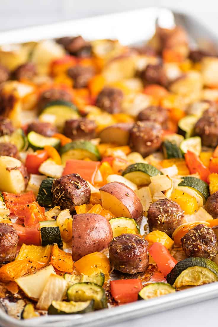 Sheet Pan Sausage and Veggies after roasting.