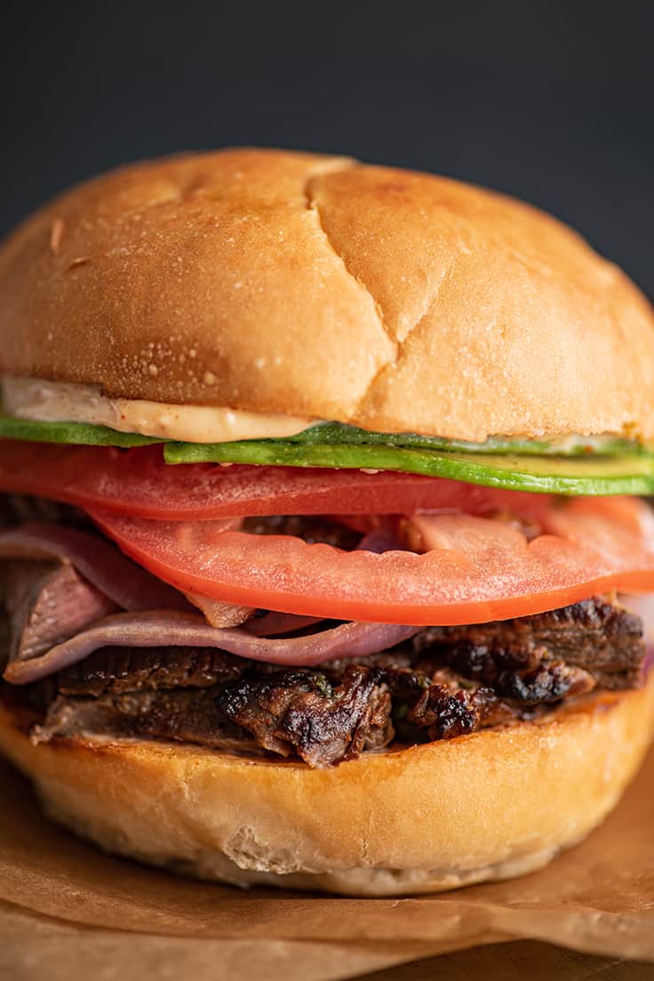 Close up image of a Carne Asada Sandwich