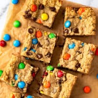 Overhead photo of small batch of Monster Cookie Bars.