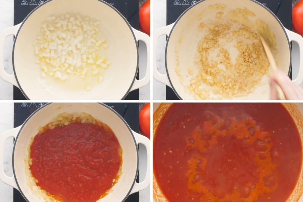 Collage photo of tomato soup being made part 1.