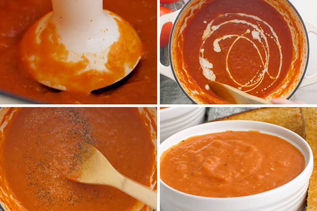 Collage photo of tomato soup being made part 2.