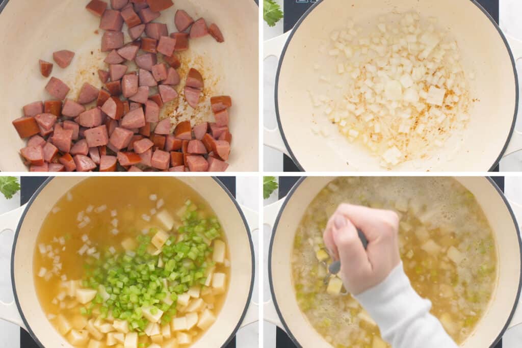 Collage photo of sausage potato soup being made.
