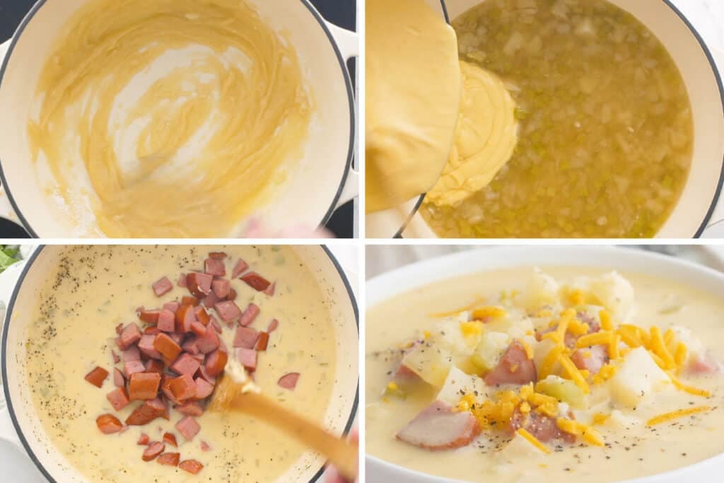Collage photo of sausage potato soup being made part 2.
