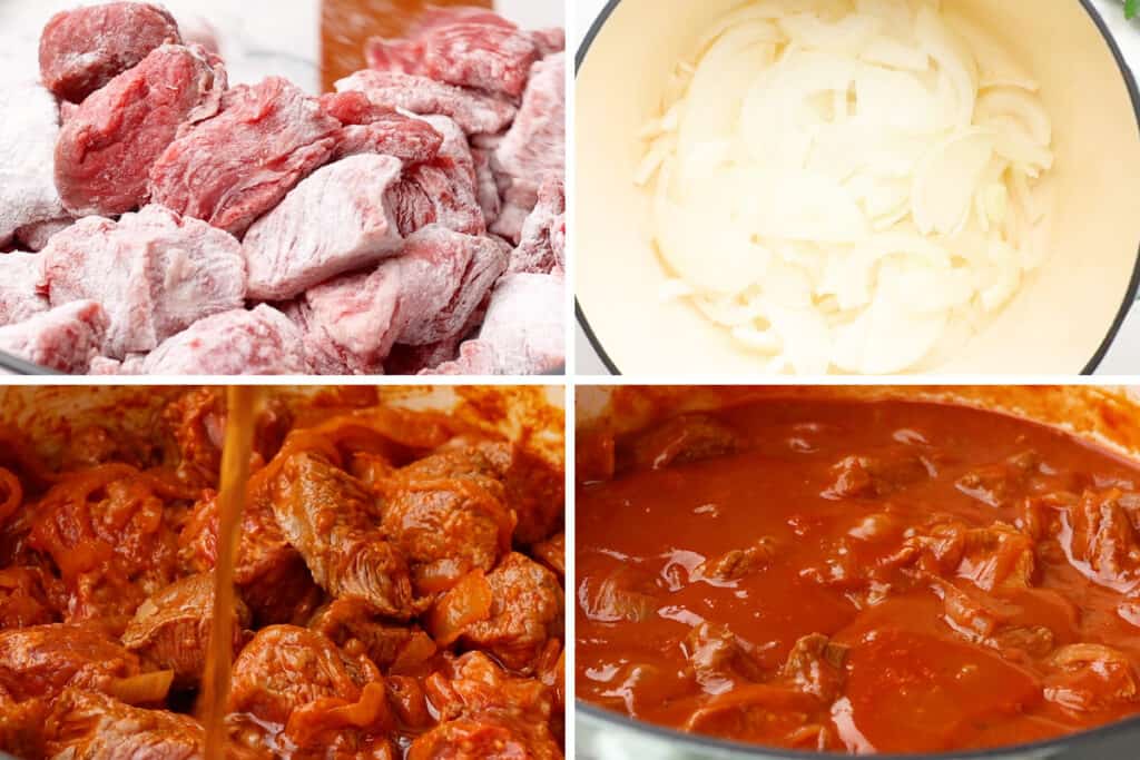 Collage picture of Hungarian goulash being made part 1.