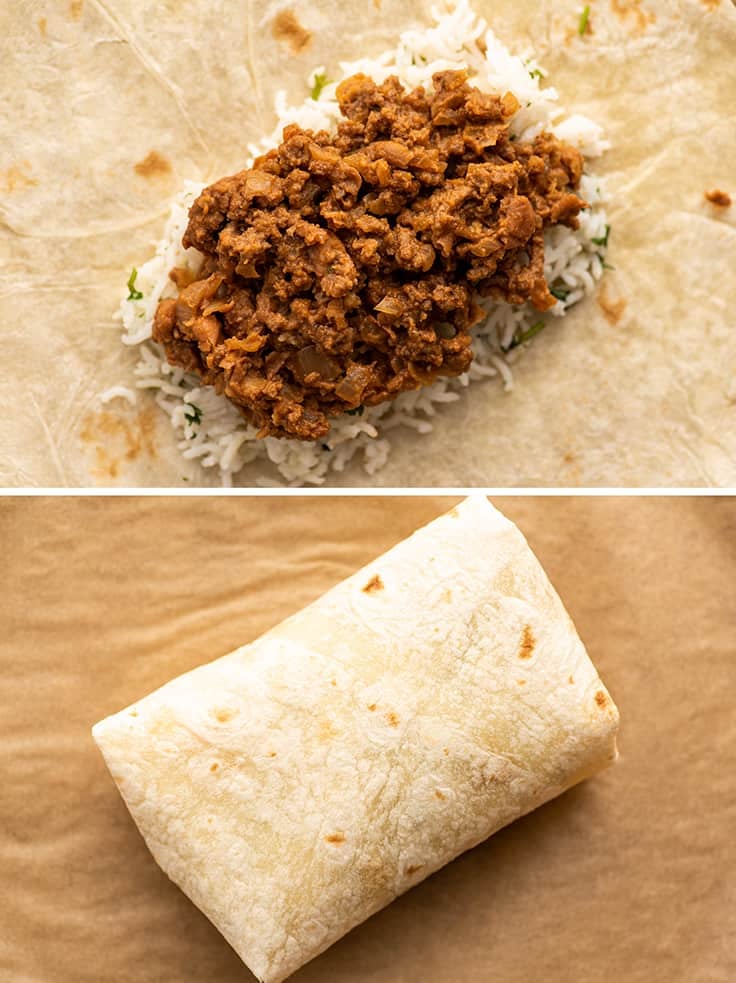 Collage photo of freezer burrito before and after being rolled.