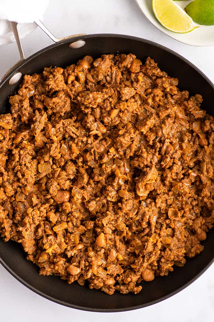 Ground beef burrito filling in a skillet.