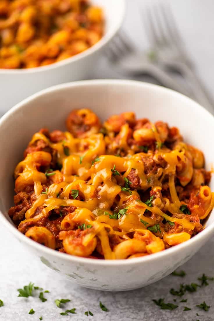 American Goulash in a white bowl.