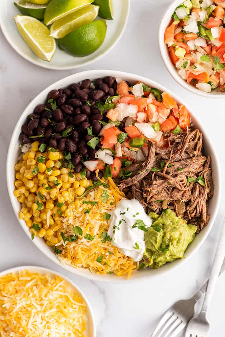 Overhead photo of a barbacoa burrito bowl.
