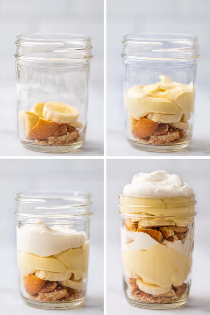 Collage photo of banana pudding being assembled in a glass jar.