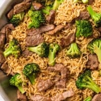 Broccoli beef ramen in a skillet.