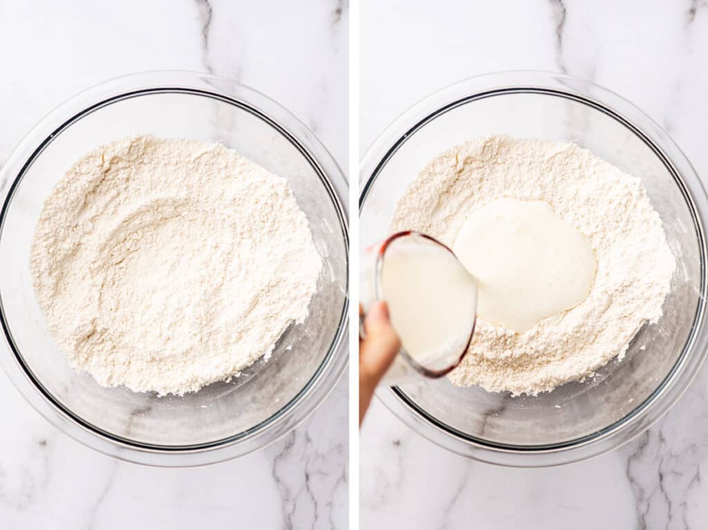 Collage photo of blueberry waffle batter being made.