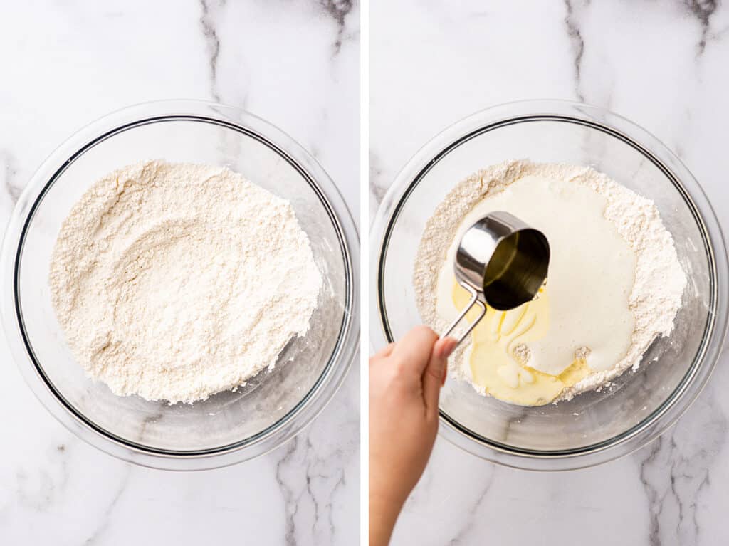 Collage photo of chocolate chip waffle batter being made.