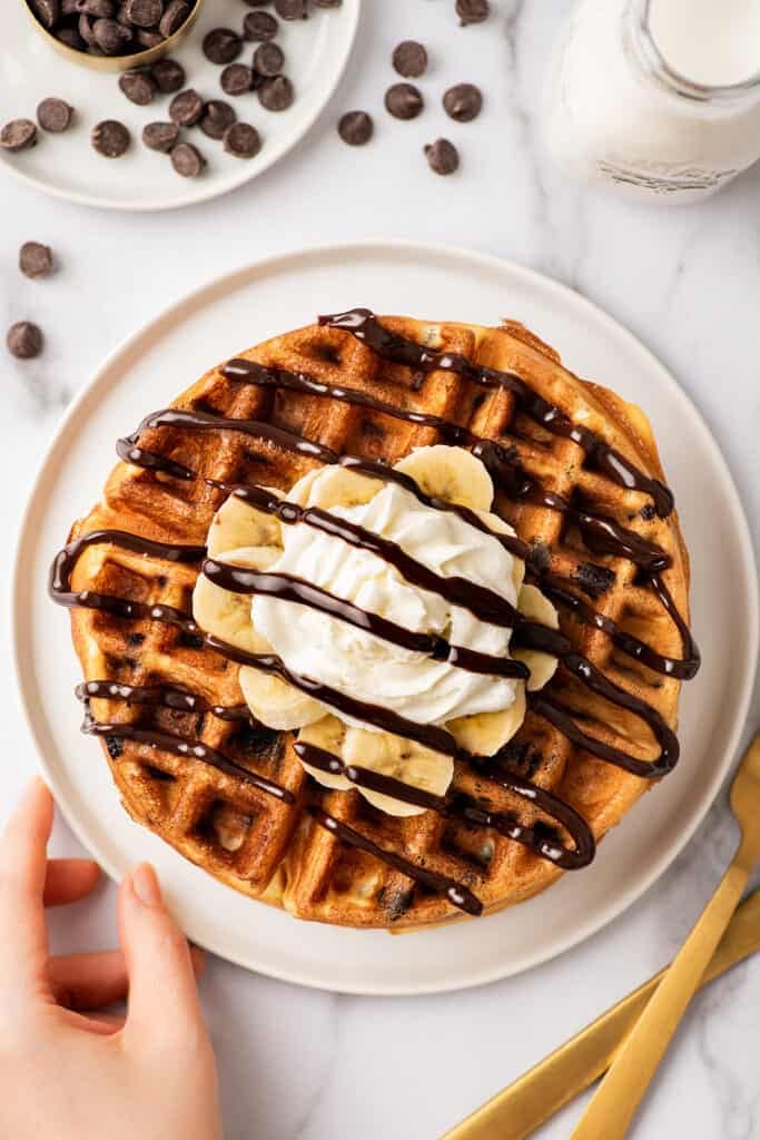 Hand setting down a plate of chocolate chip waffles.
