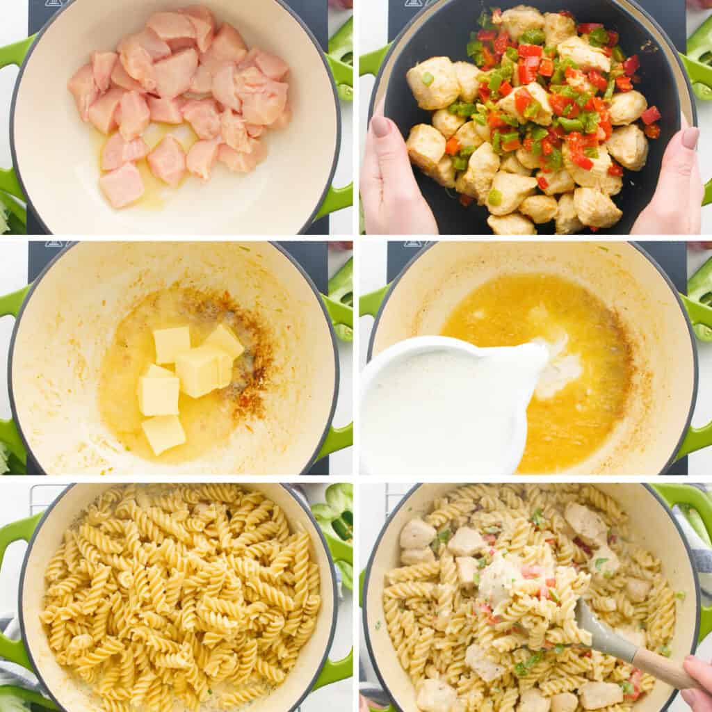 Creamy chicken pasta being prepared.
