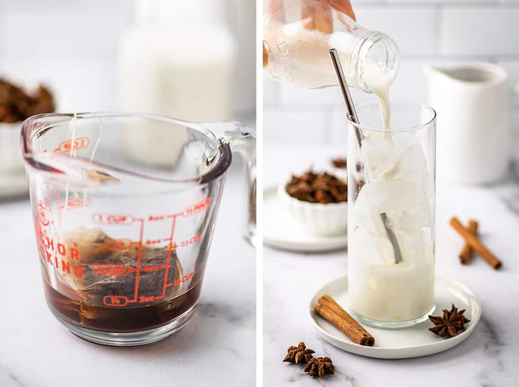 Collage photo of iced chai latte being made.