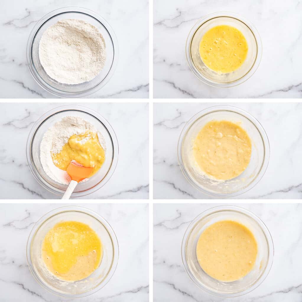 Collage photo of one banana banana bread batter being made.