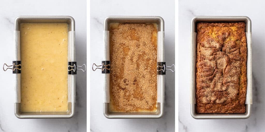 Collage of small-batch banana bread batter before and after baking.