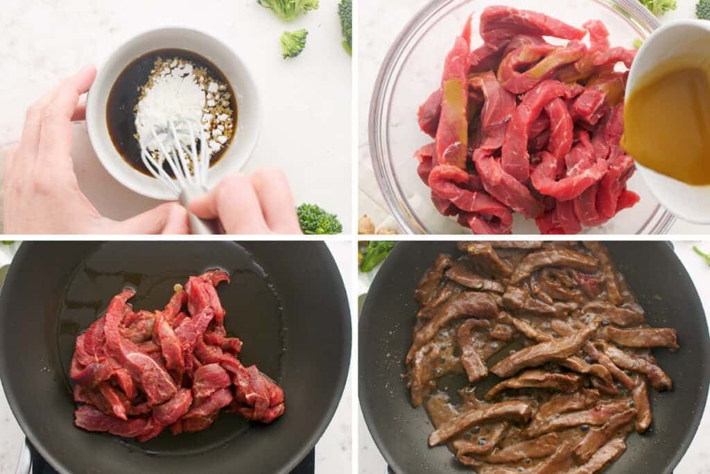Collage photo of beef for beef ramen being prepared.