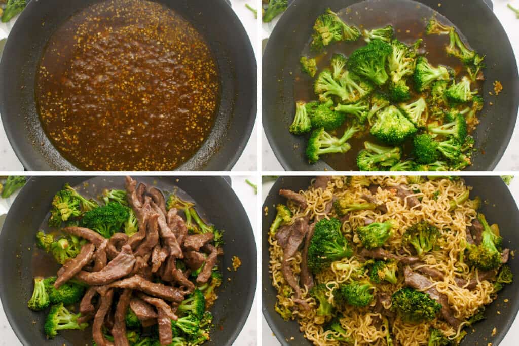 Collage photo of beef ramen being cooked.