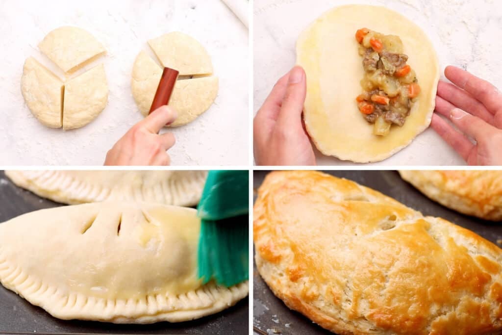 Collage photo beef pasties being stuffed and baked.