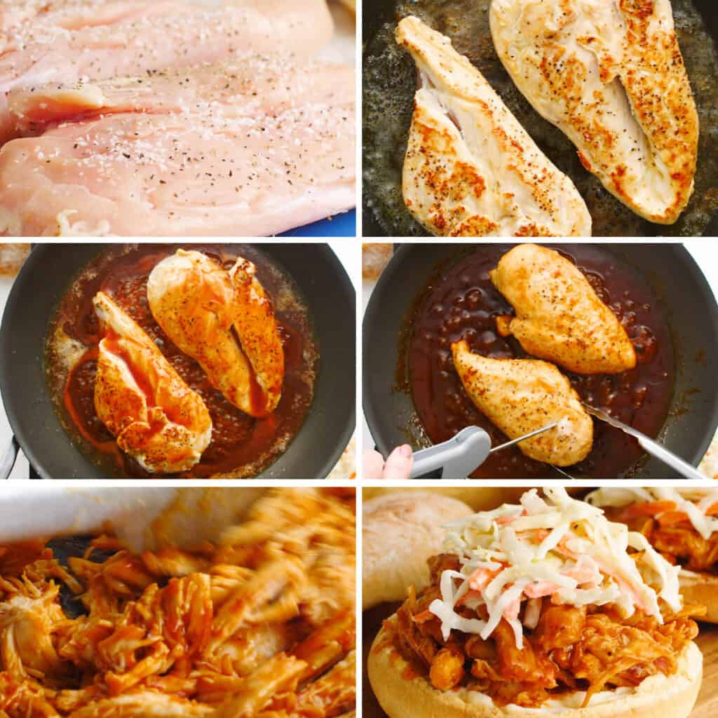 Collage photo of bbq chicken sandwiches being made.