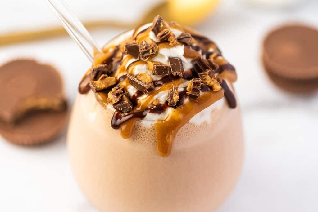 Chocolate peanut butter milkshake with whipped cream and peanut butter and fudge sauce.