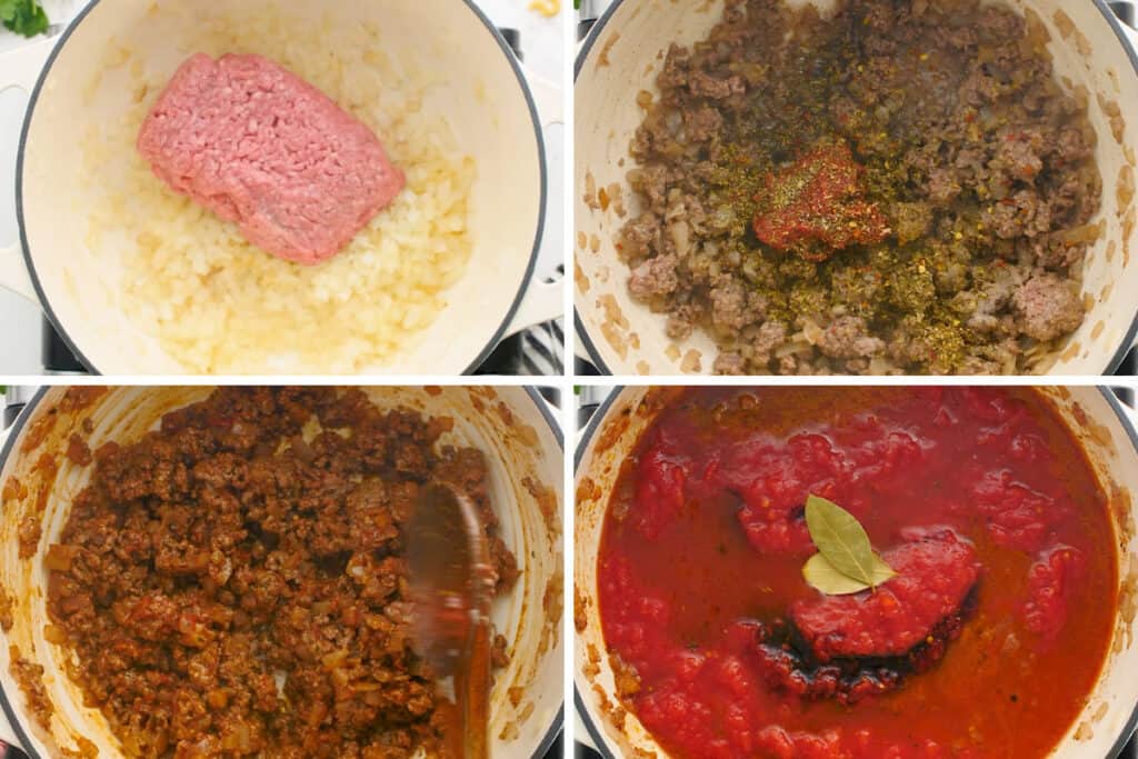 Collage of American Goulash being made part 1.