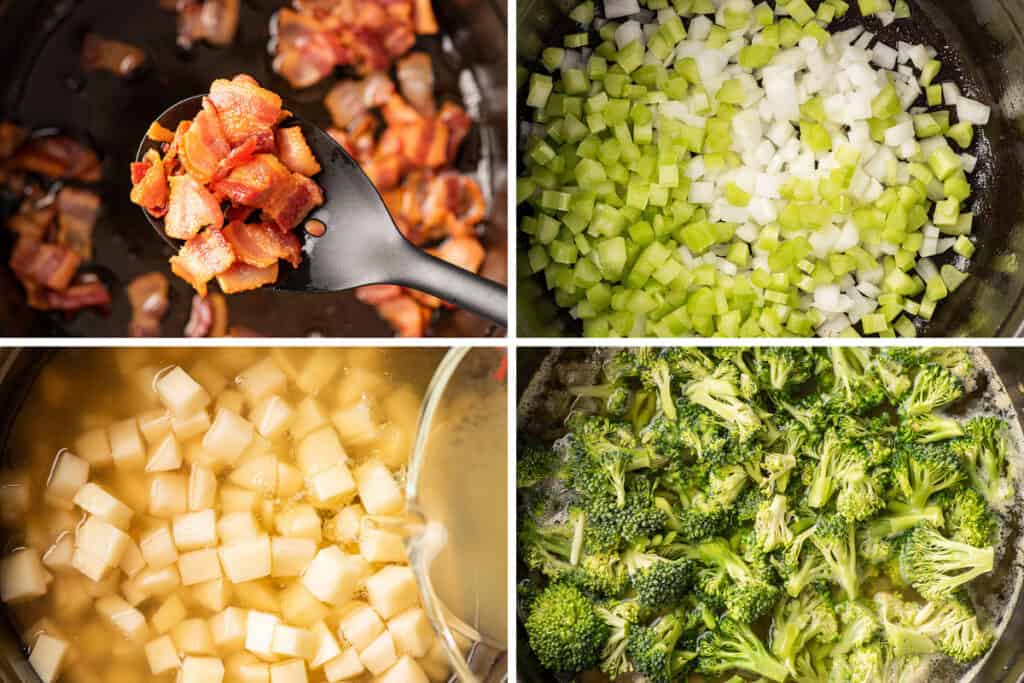 Collage photo of broccoli potato soup being made part 2.