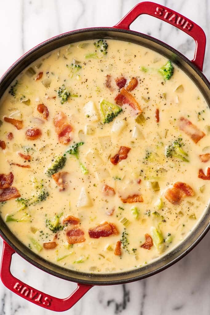 Broccoli potato soup in a pot.