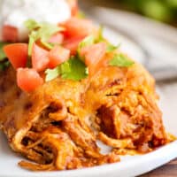 Close photo of chicken enchiladas with sour cream on a plate.