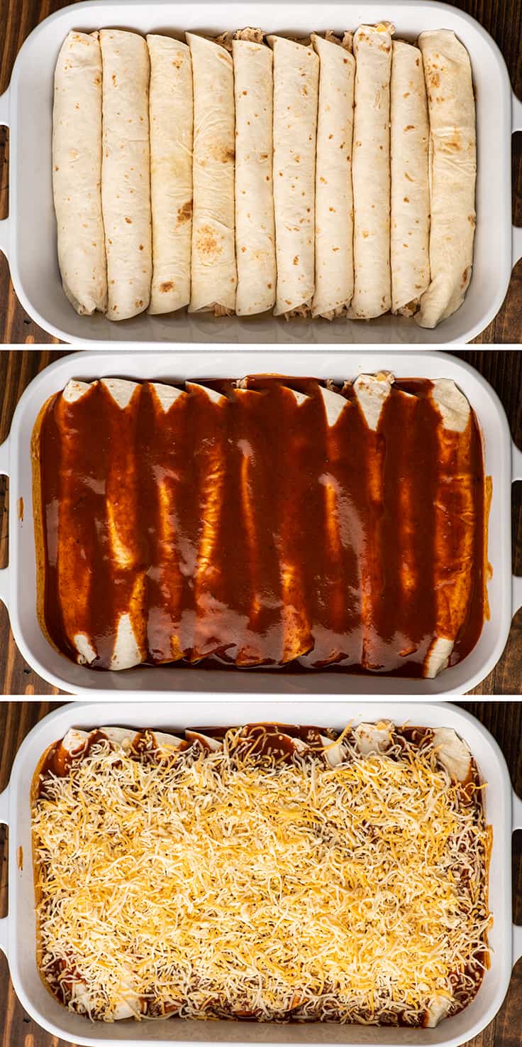 Collage photo of chicken enchiladas being assembled.
