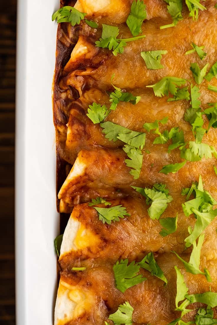 Chicken enchiladas in pan with cilantro on top.