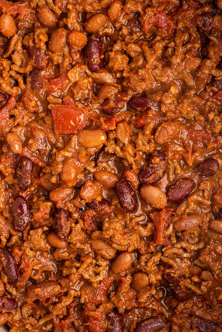 Close up photo of beef chili.