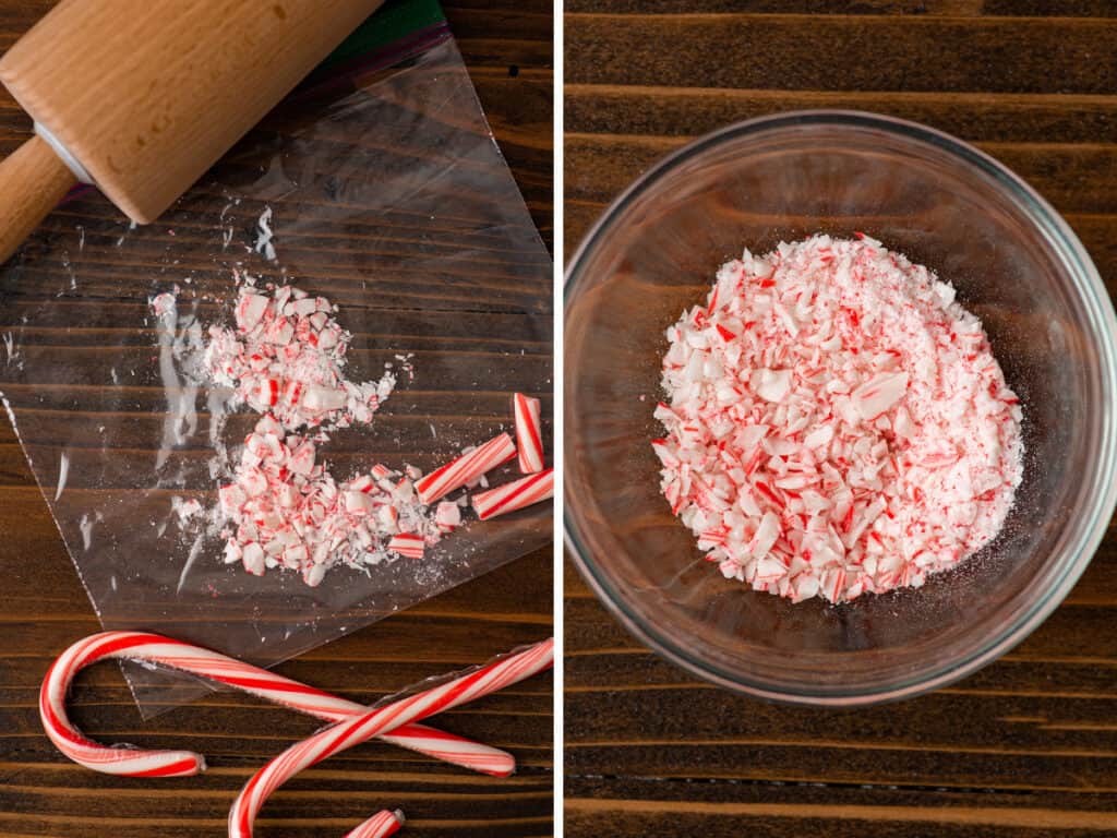 Collage photo of candy cane being crushed for hot chocolate.