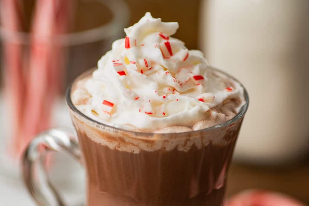 Close up photo of hot chocolate with whipped cream and crushed candy cane.