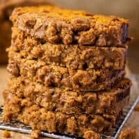 Stack of pumpkin bread slices.
