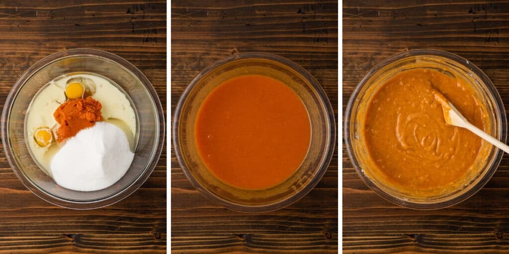 Collage photo of pumpkin bread batter being prepared.