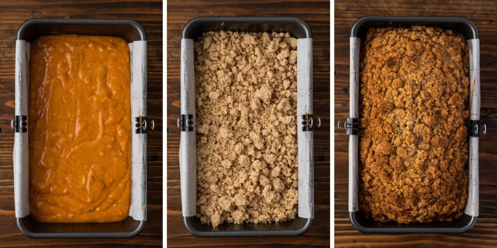 Collage photo of pumpkin bread batter being baked.
