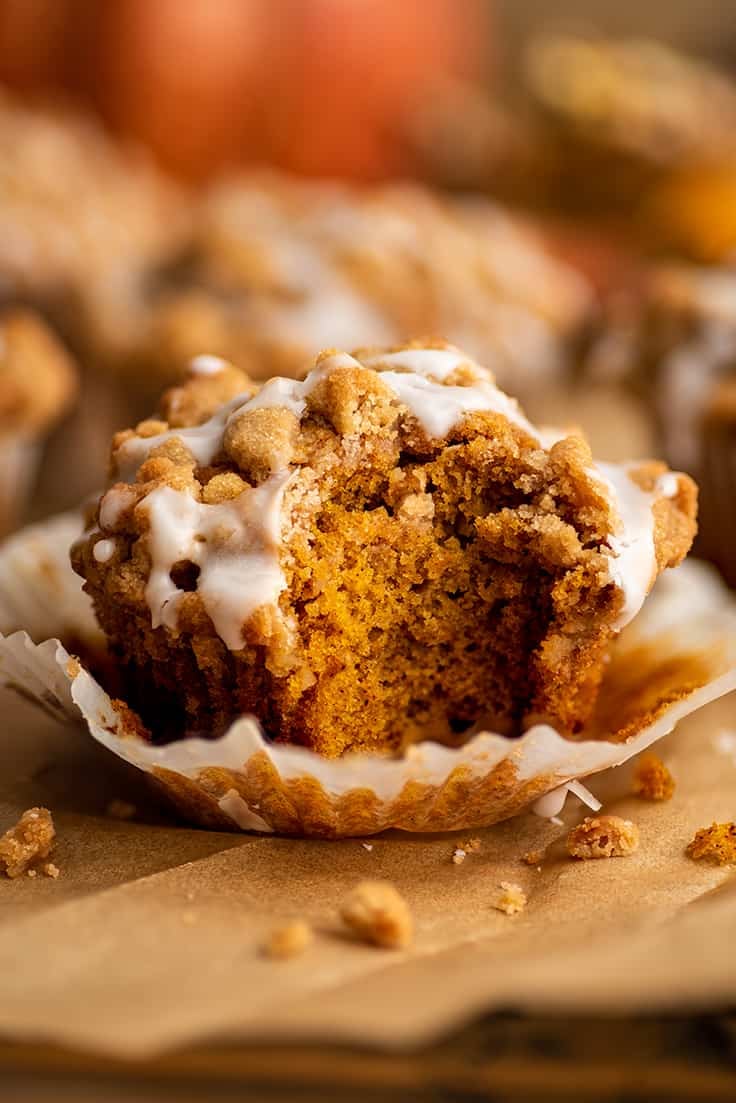 Pumpkin Streusel Muffin with a bite out of it.