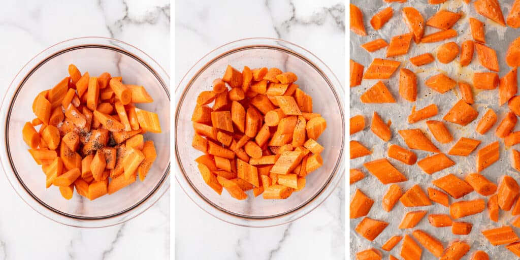 Collage photo of roasted carrots being prepared.