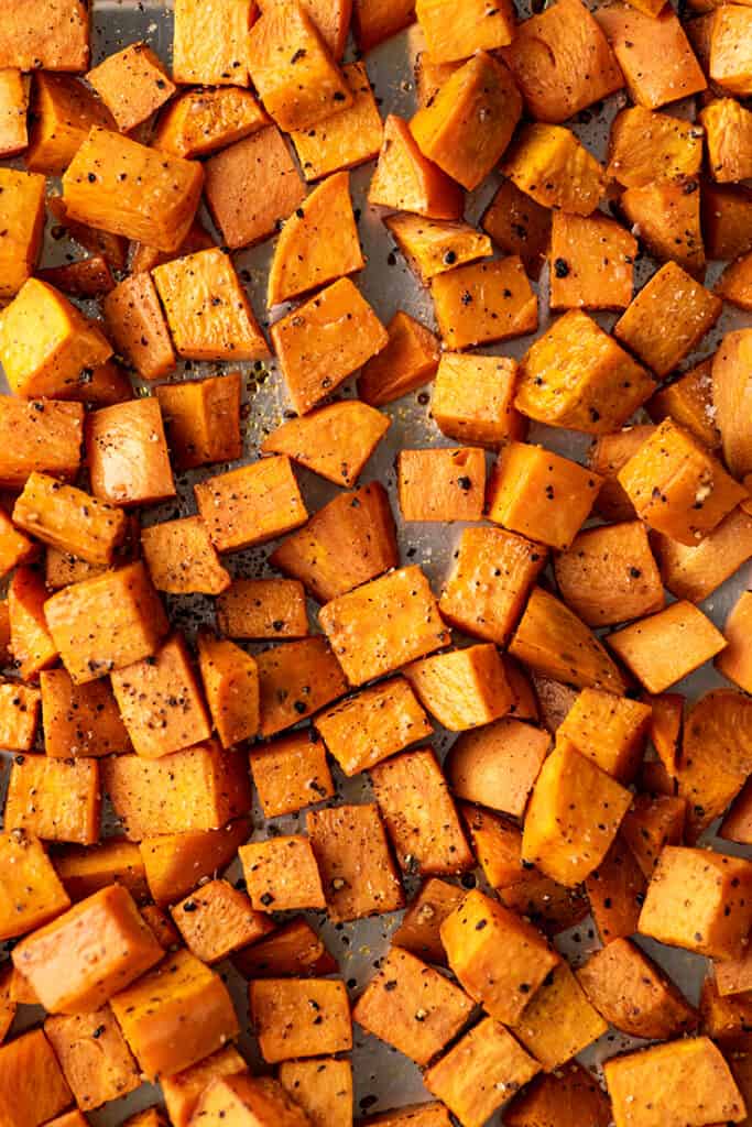 Overhead photo of roasted sweet potatoes.